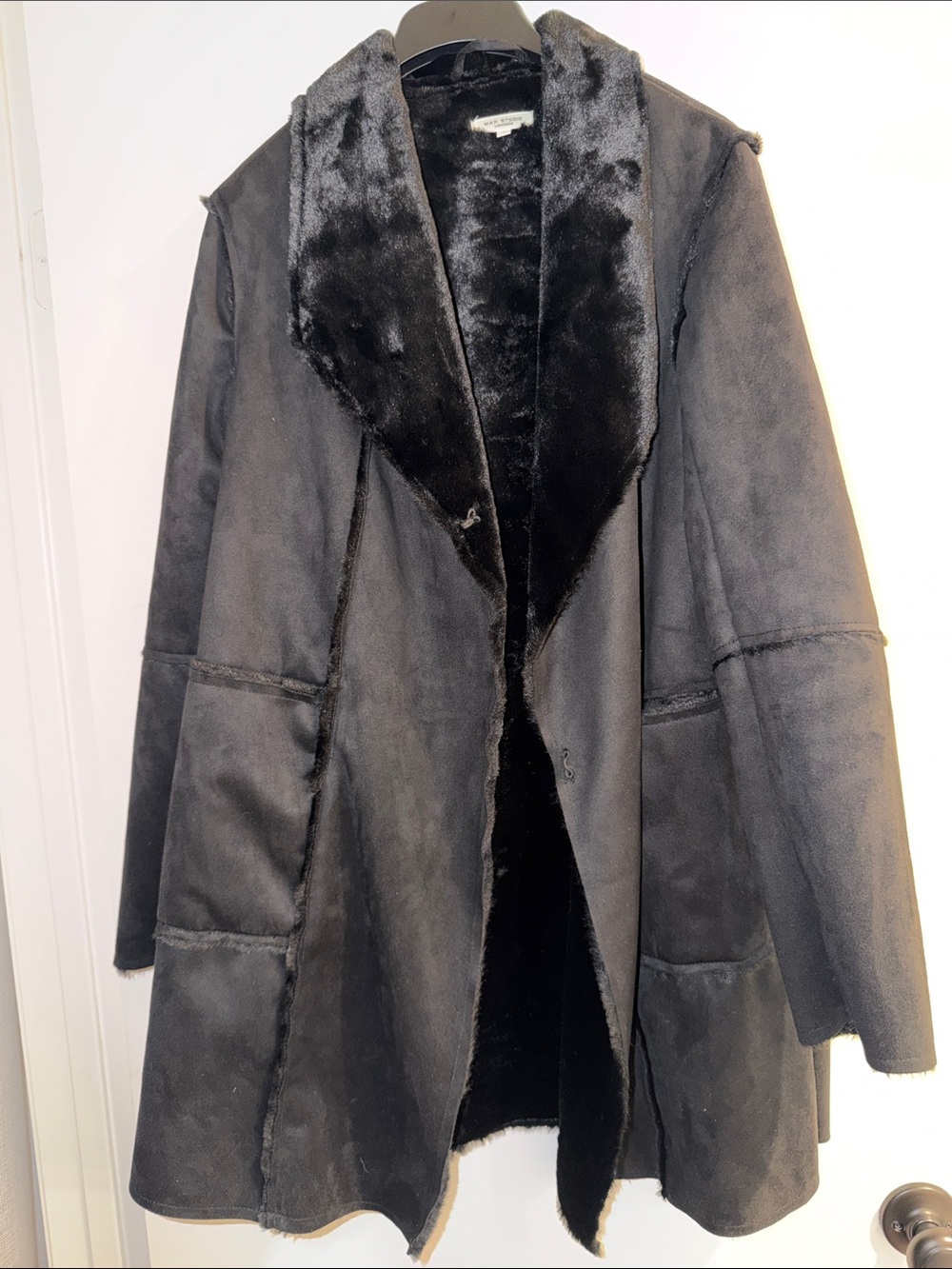 Max Studio London Black Suede and Faux-Shearling Trench Coat